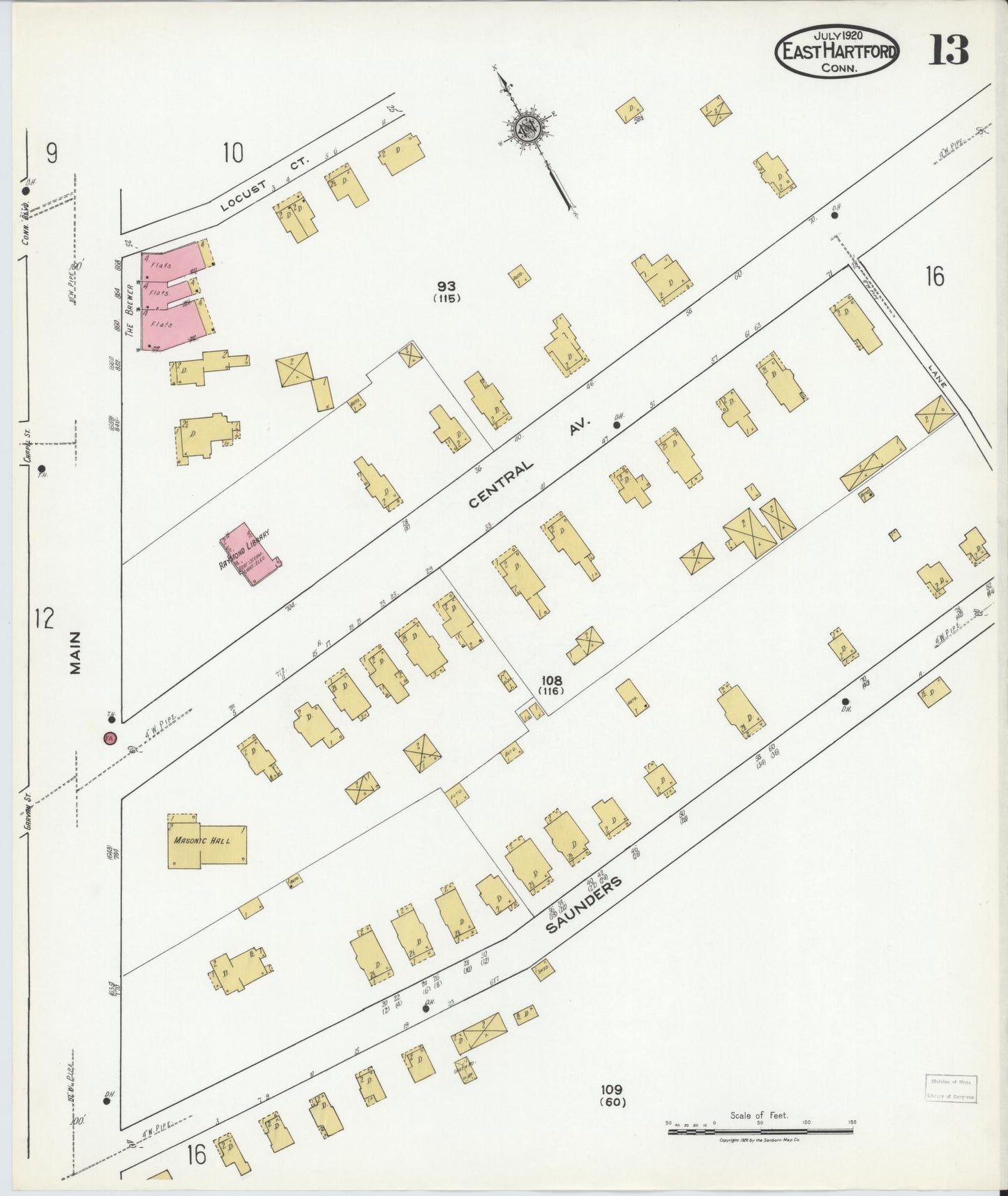 Sanborn Fire Insurance Map from East Hartford, Hartford County, Connecticut (1920), Sheet #0013 - Historic Sanborn Fire Insurance Map Print, vintage old map wall art, antique decor, genealogy gift, Connecticut Connecticut map