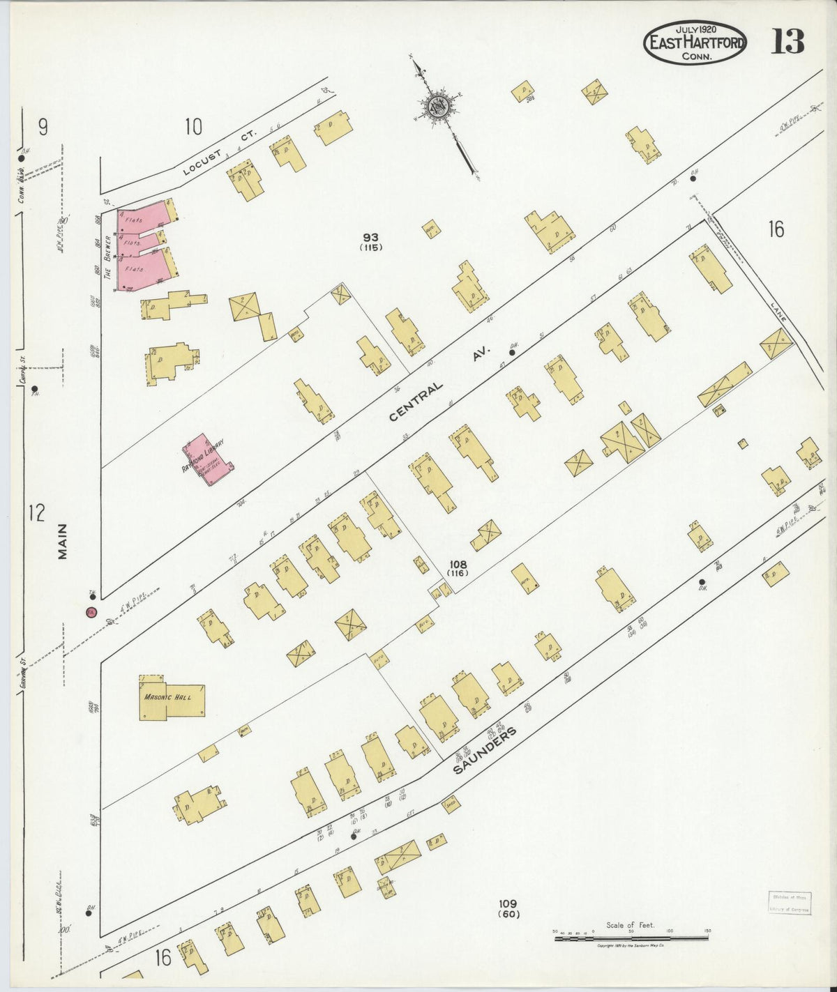 Sanborn Fire Insurance Map from East Hartford, Hartford County, Connecticut (1920), Sheet #0013 - Historic Sanborn Fire Insurance Map Print, vintage old map wall art, antique decor, genealogy gift, Connecticut Connecticut map