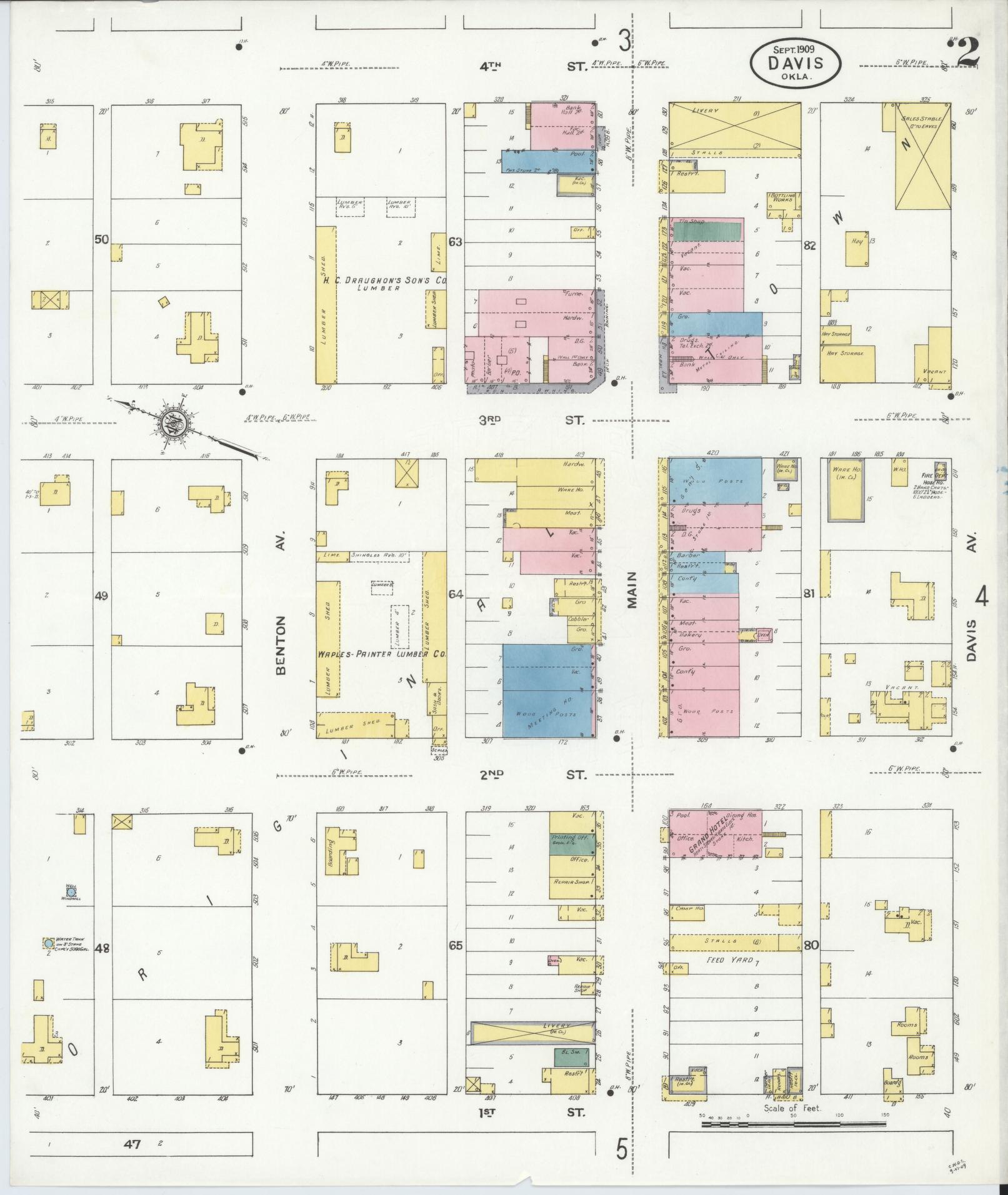 Sanborn Fire Insurance Map from Davis, Murray County, Oklahoma (1909), Sheet #0002 - Complete Map Set gallery image, historic Sanborn map, vintage wall art, Oklahoma Oklahoma