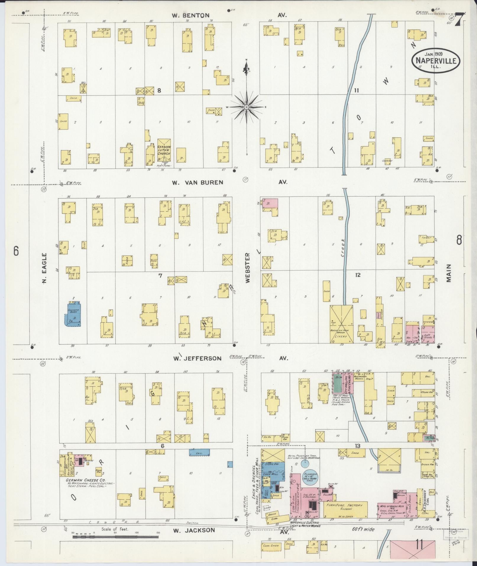 Sanborn Fire Insurance Map from Naperville, Du Page County, Illinois (1909), Sheet #0007 - Complete Map Set gallery image, historic Sanborn map, vintage wall art, Illinois Illinois