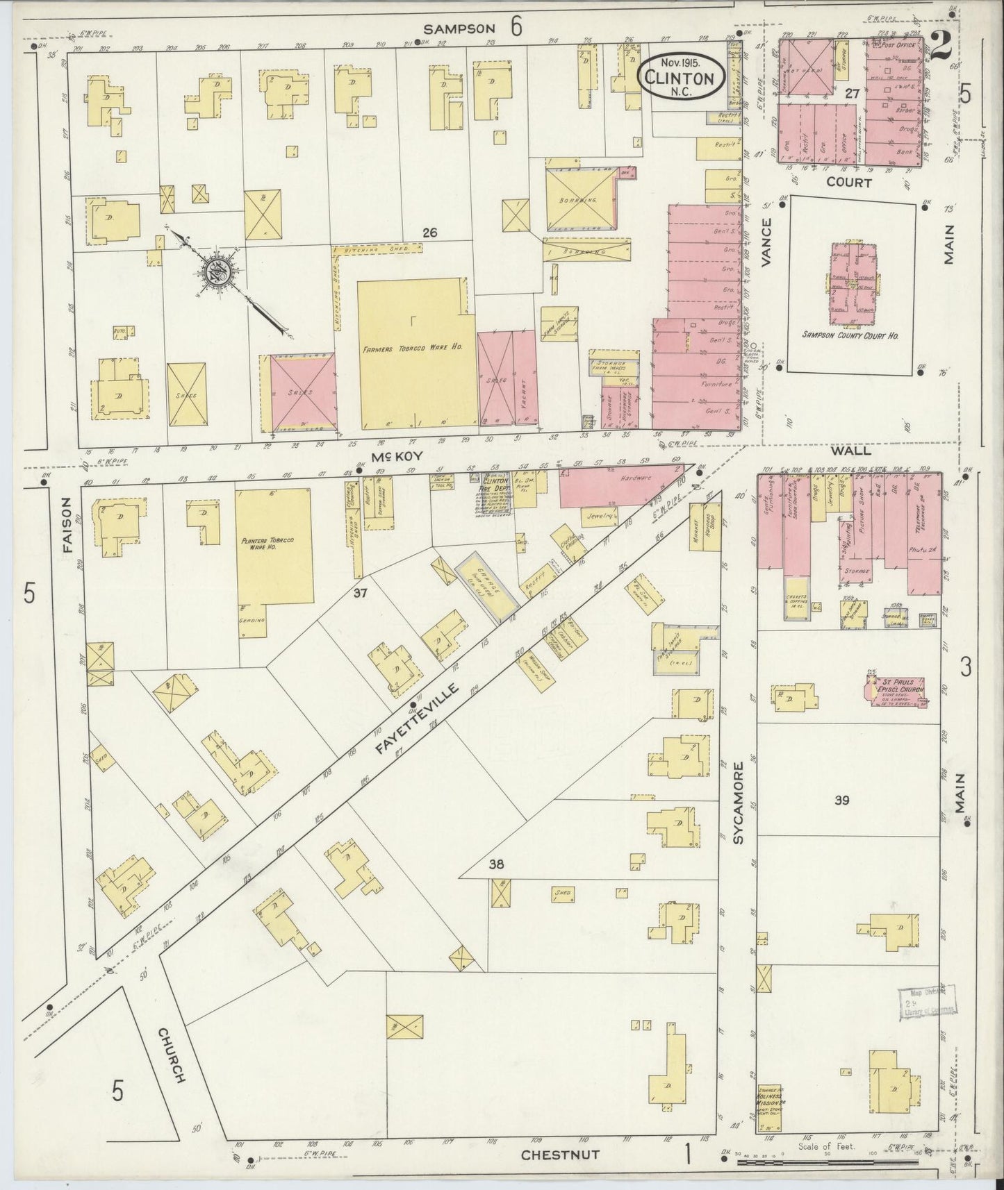 Sanborn Fire Insurance Map from Clinton, Sampson County, North Carolina (1915), Sheet #0002 - Complete Map Set gallery image, historic Sanborn map, vintage wall art, North Carolina North Carolina