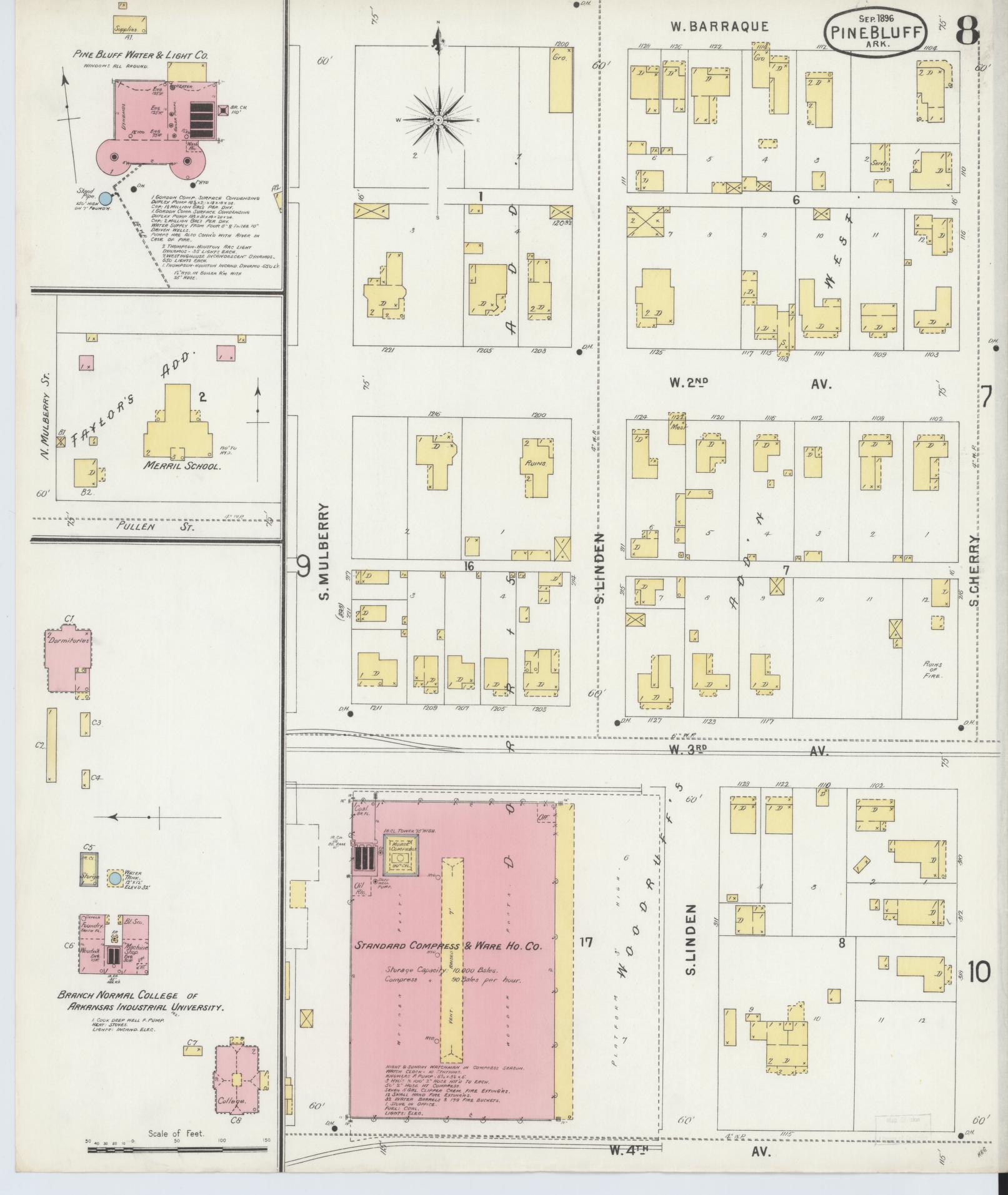 Sanborn Fire Insurance Map from Pine Bluff, Jefferson County, Arkansas (1896), Sheet #0008 - Complete Map Set gallery image, historic Sanborn map, vintage wall art, Arkansas Arkansas