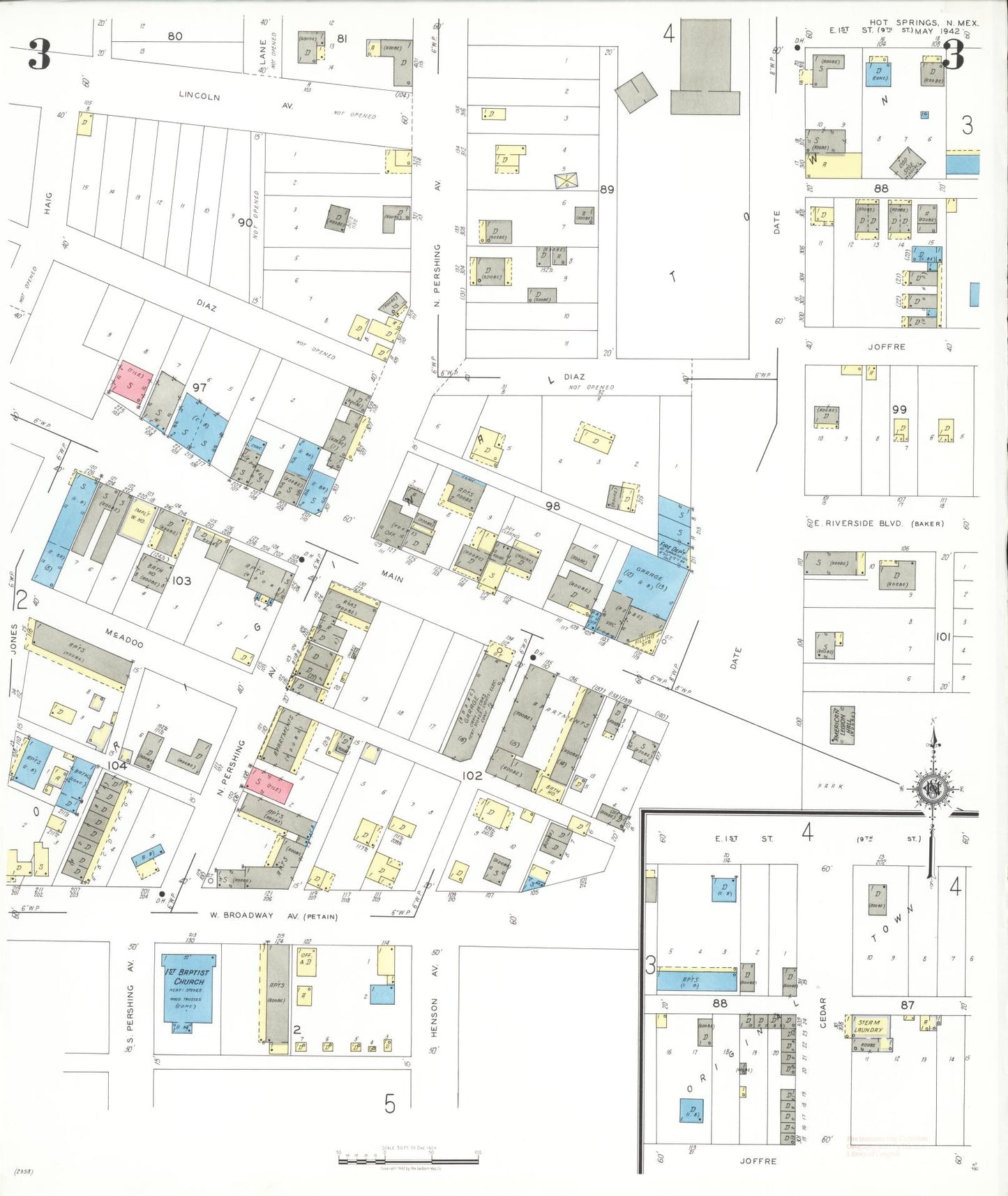 Sanborn Fire Insurance Map from Hot Springs, Sierra County, New Mexico (1942), Sheet #0003 - Complete Map Set gallery image, historic Sanborn map, vintage wall art, New Mexico New Mexico
