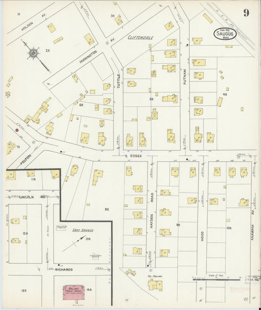 Sanborn Fire Insurance Map from Saugus, Essex County, Massachusetts (1913), Sheet #0009 - Historic Sanborn Fire Insurance Map Print, vintage old map wall art, antique decor, genealogy gift, Massachusetts Massachusetts map