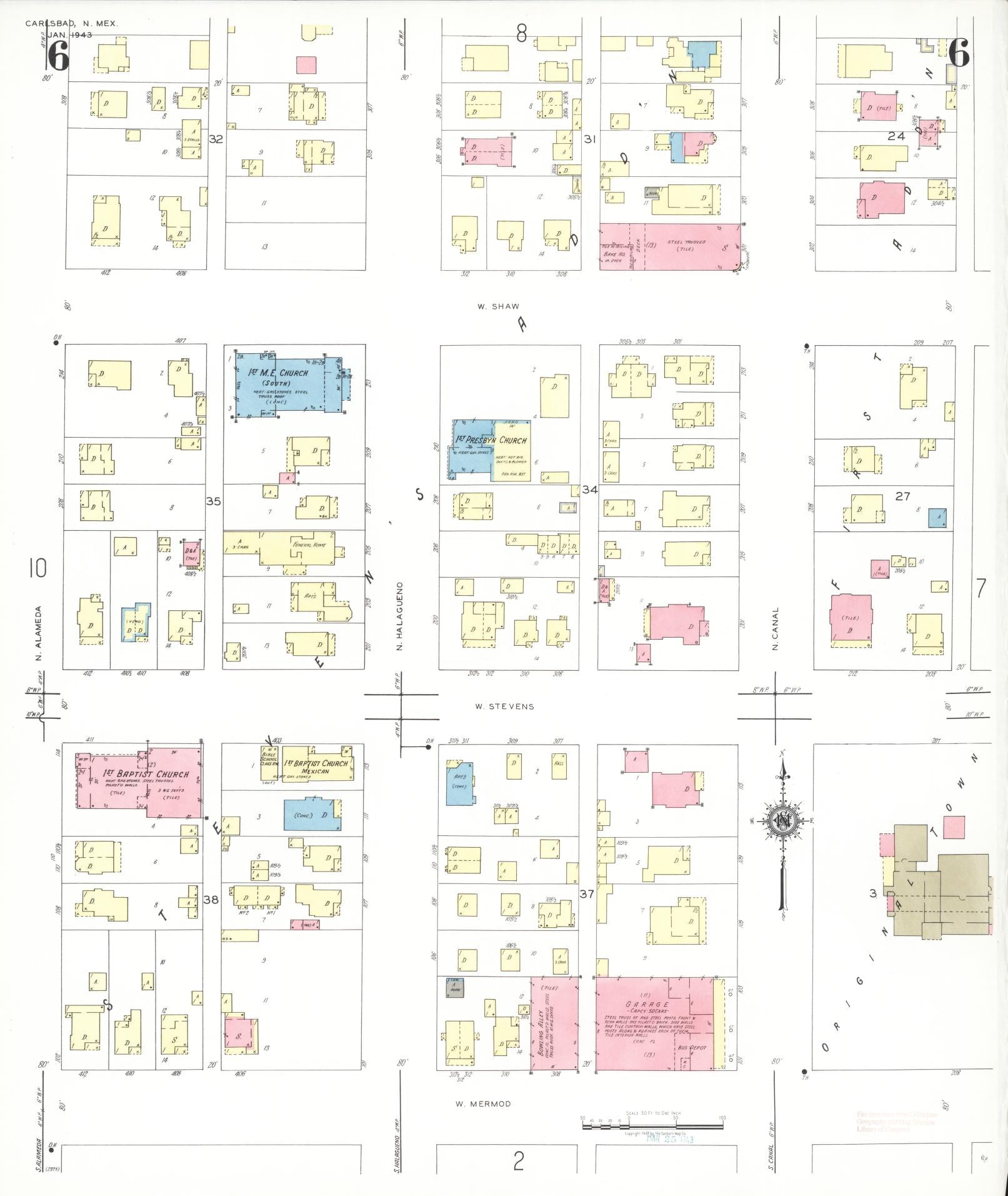 Sanborn Fire Insurance Map from Carlsbad, Eddy County, New Mexico (1943), Sheet #0006 - Complete Map Set gallery image, historic Sanborn map, vintage wall art, New Mexico New Mexico
