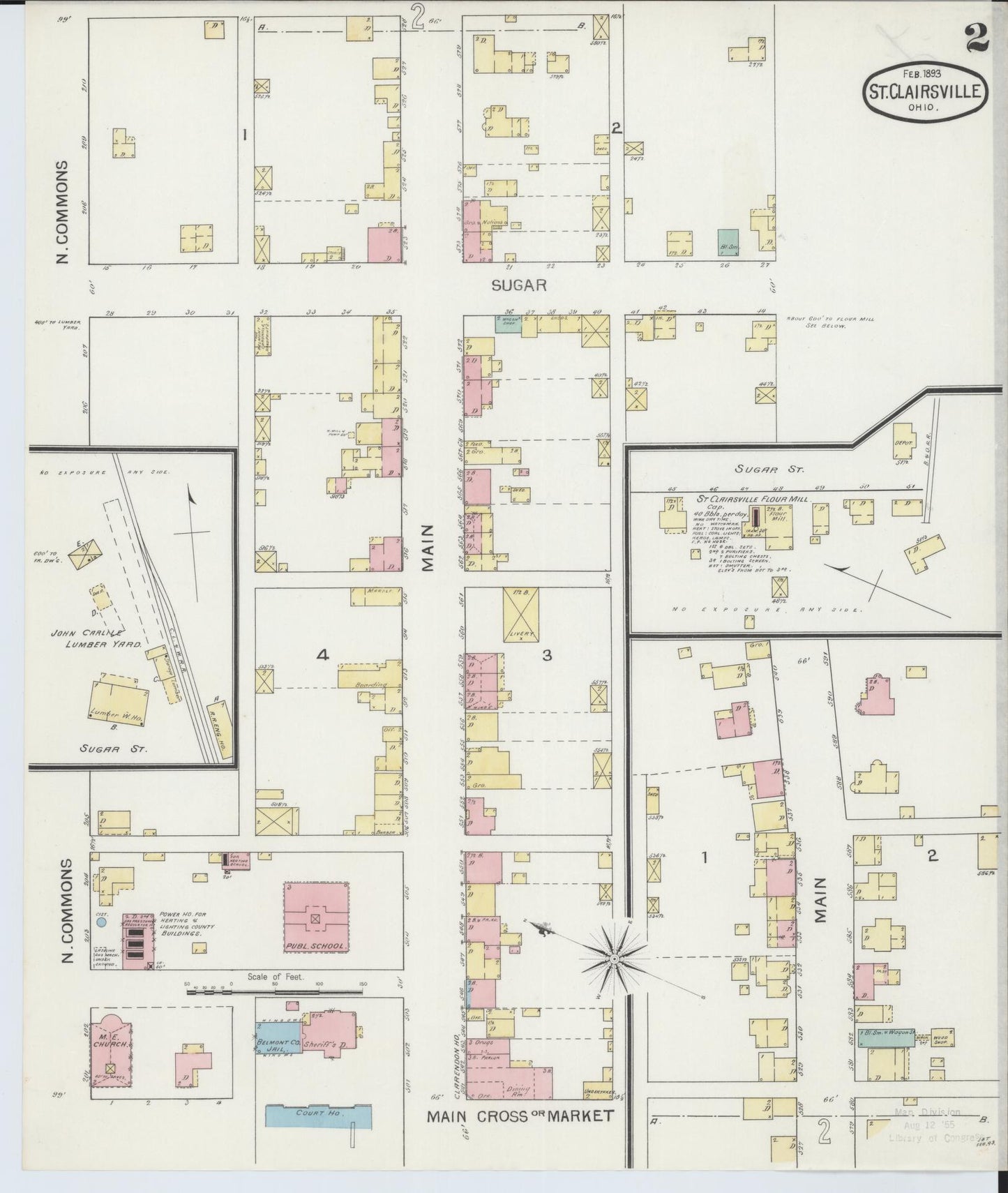 Sanborn Fire Insurance Map from Saint Clairsville, Belmont County, Ohio (1893), Sheet #0002 - Historic Sanborn Fire Insurance Map Print, vintage old map wall art, antique decor, genealogy gift, Ohio Ohio map