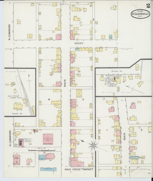 Sanborn Fire Insurance Map from Saint Clairsville, Belmont County, Ohio (1893), Sheet #0002 - Historic Sanborn Fire Insurance Map Print, vintage old map wall art, antique decor, genealogy gift, Ohio Ohio map