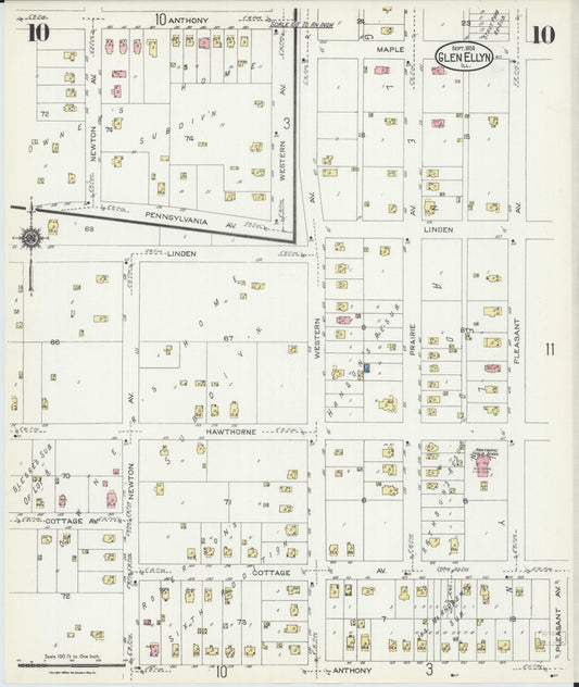 Sanborn Fire Insurance Map from Glen Ellyn, Du Page County, Illinois (1924), Sheet #0010 - Historic Sanborn Fire Insurance Map Print, vintage old map wall art, antique decor, genealogy gift, Illinois Illinois map