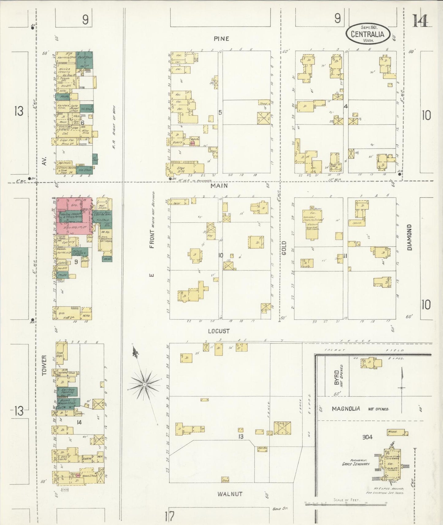 Sanborn Fire Insurance Map from Centralia, Lewis County, Washington (1901), Sheet #0014 - Complete Map Set gallery image, historic Sanborn map, vintage wall art, Washington Washington