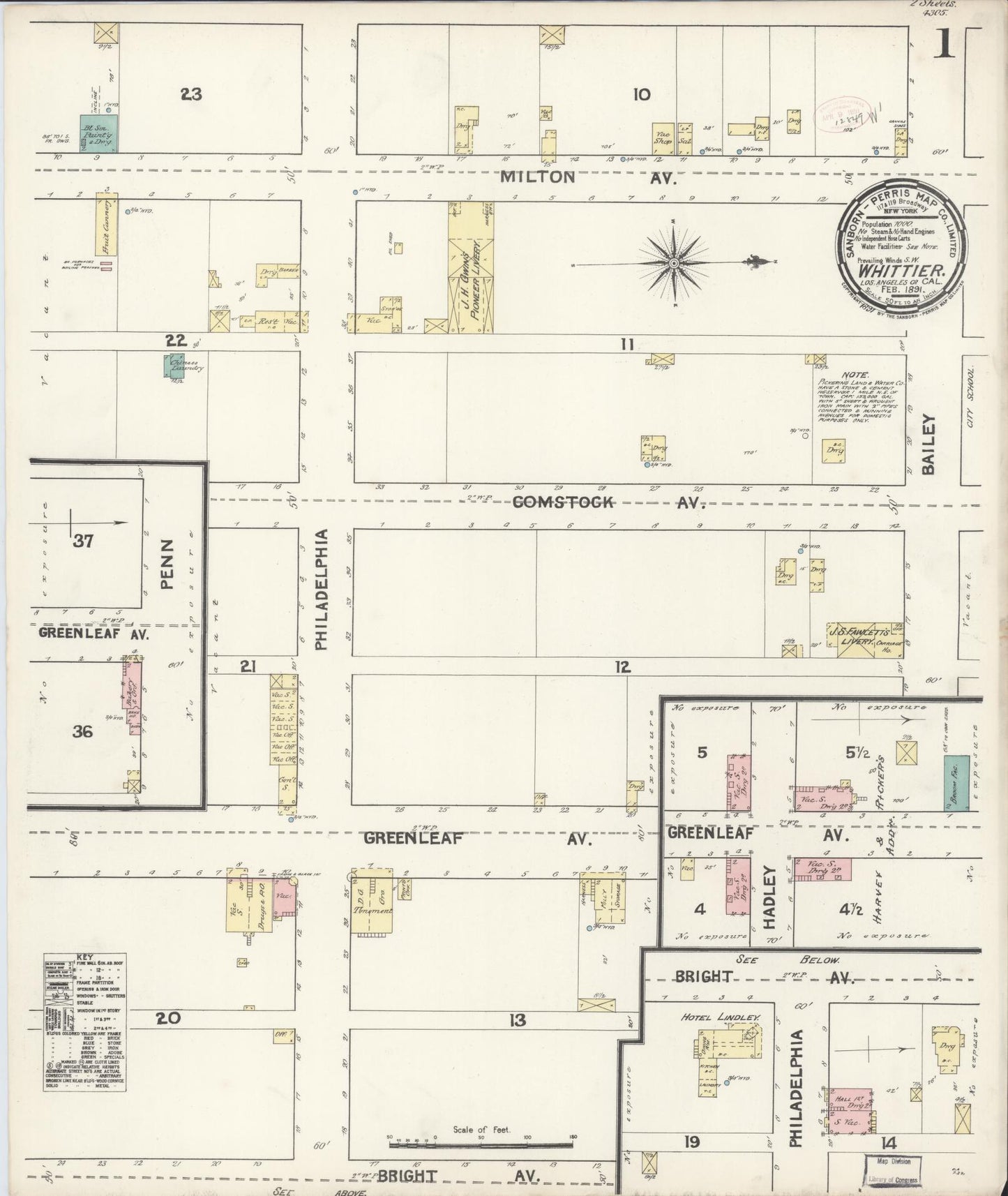 Sanborn Fire Insurance Map from Whittier, Los Angeles County, California (1891), Sheet #0001 - Complete Map Set gallery image, historic Sanborn map, vintage wall art, California California