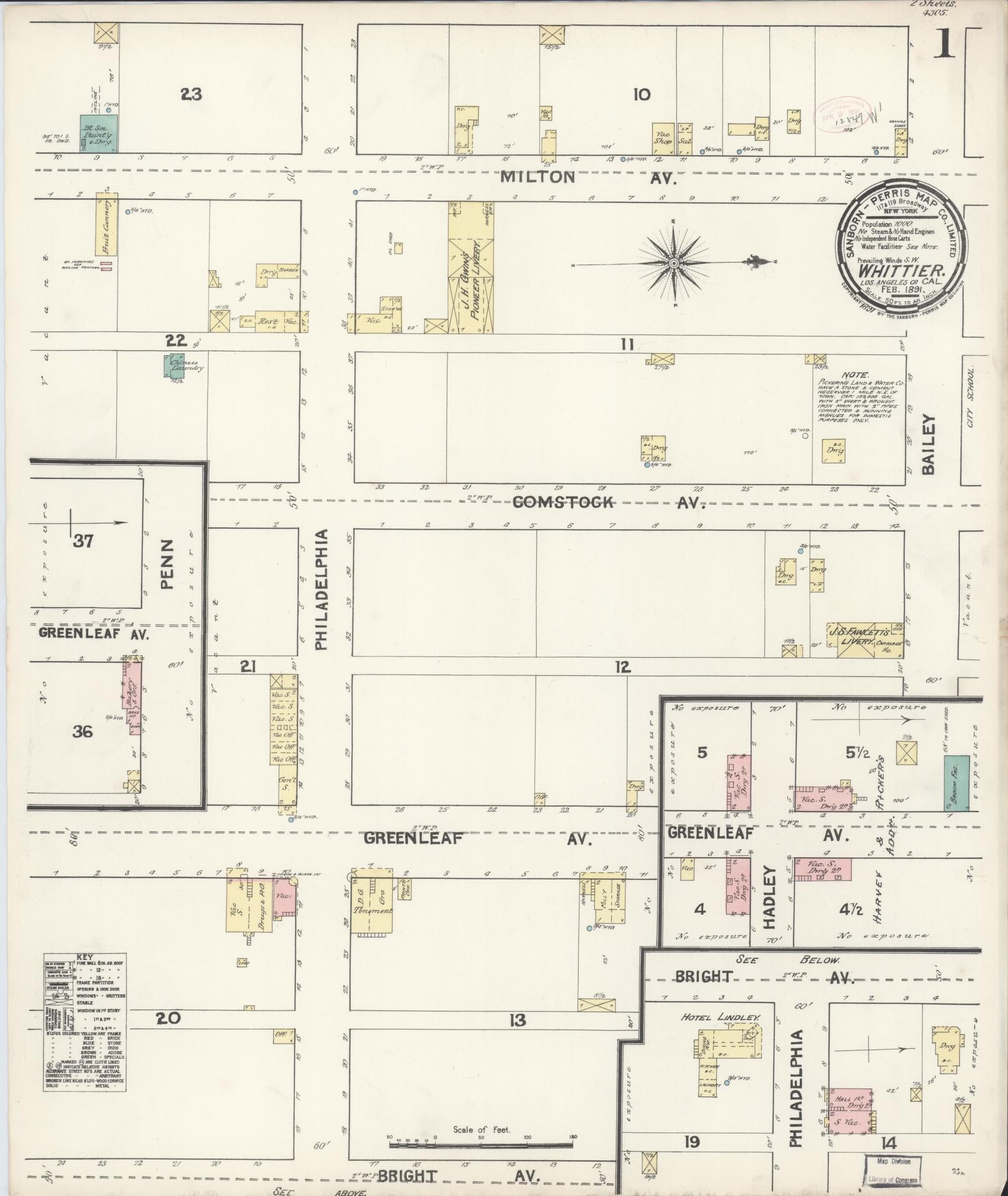 Sanborn Fire Insurance Map from Whittier, Los Angeles County, California (1891), Sheet #0001 - Complete Map Set gallery image, historic Sanborn map, vintage wall art, California California