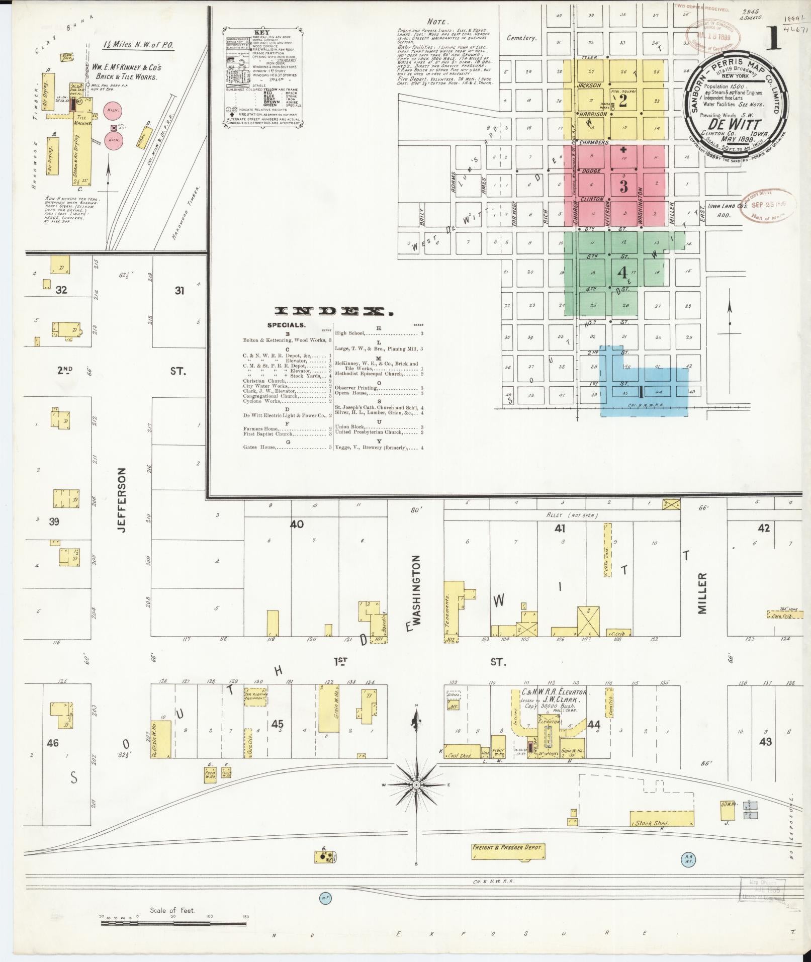 Sanborn Fire Insurance Map from De Witt, Clinton County, Iowa (1899), Sheet #0001 - Historic Sanborn Fire Insurance Map Print, vintage old map wall art
