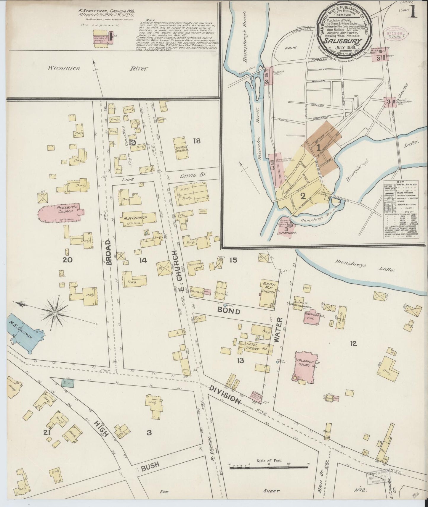 Sanborn Fire Insurance Map from Salisbury, Wicomico County, Maryland (1888), Sheet #0001 - Historic Sanborn Fire Insurance Map Print, vintage old map wall art, antique decor, genealogy gift, Maryland Maryland map