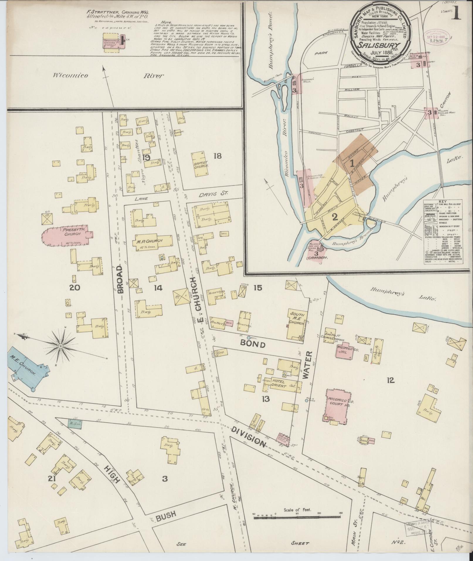 Sanborn Fire Insurance Map from Salisbury, Wicomico County, Maryland (1888), Sheet #0001 - Historic Sanborn Fire Insurance Map Print, vintage old map wall art, antique decor, genealogy gift, Maryland Maryland map