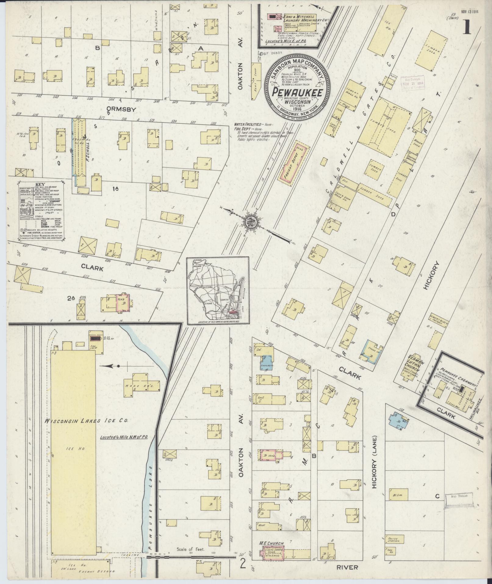 Sanborn Fire Insurance Map from Pewaukee, Waukesha County, Wisconsin (1914), Sheet #0001 - Historic Sanborn Fire Insurance Map Print, vintage old map wall art, antique decor, genealogy gift, Wisconsin Wisconsin map