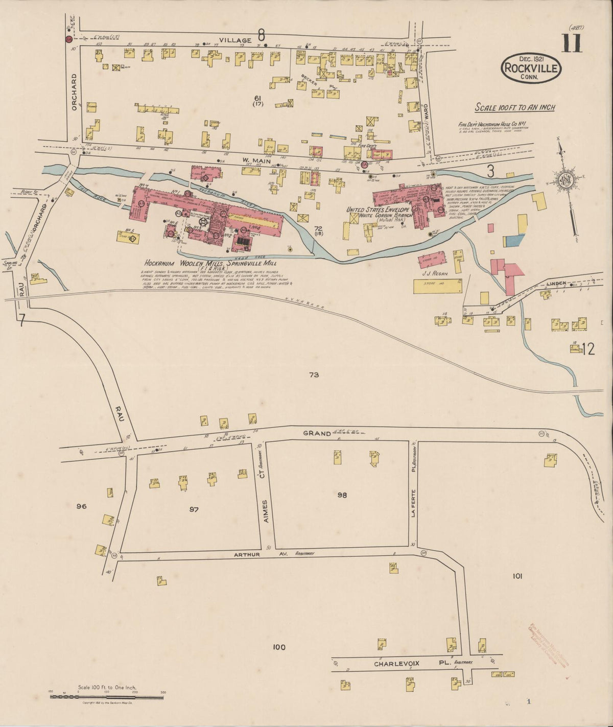 Sanborn Fire Insurance Map from Rockville, Tolland County, Connecticut (1921), Sheet #0011 - Historic Sanborn Fire Insurance Map Print, vintage old map wall art, antique decor, genealogy gift, Connecticut Connecticut map