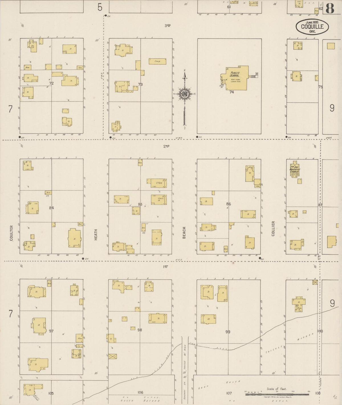 Sanborn Fire Insurance Map from Coquille, Coos County, Oregon (1920), Sheet #0008 - Historic Sanborn Fire Insurance Map Print, vintage old map wall art, antique decor, genealogy gift, Oregon Oregon map