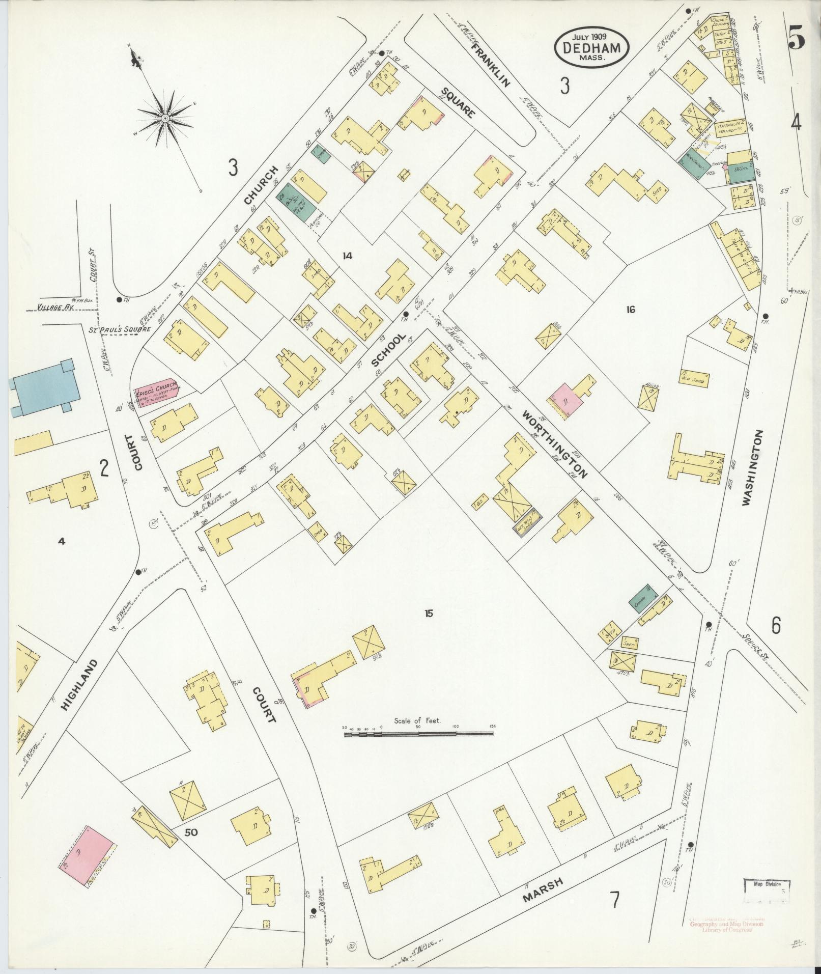 Sanborn Fire Insurance Map from Dedham, Norfolk County, Massachusetts (1909), Sheet #0005 - Complete Map Set gallery image, historic Sanborn map, vintage wall art, Massachusetts Massachusetts