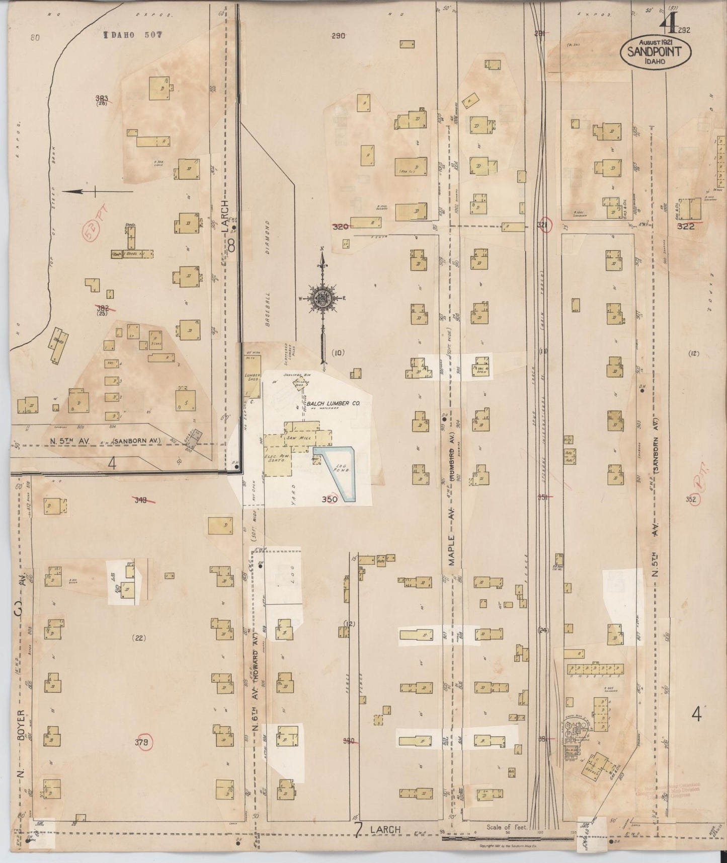 Sanborn Fire Insurance Map from Sandpoint, Bonner County, Idaho (1948), Sheet #0004 - Historic Sanborn Fire Insurance Map Print, vintage old map wall art, antique decor, genealogy gift, Idaho Idaho map