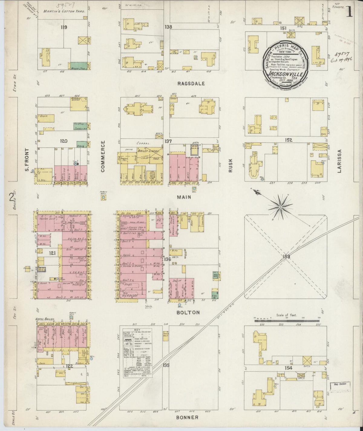 Sanborn Fire Insurance Map from Jacksonville, Cherokee County, Texas (1896), Sheet #0001 - Historic Sanborn Fire Insurance Map Print, vintage old map wall art, antique decor, genealogy gift, Texas Texas map