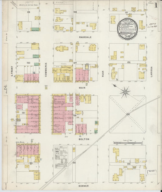 Sanborn Fire Insurance Map from Jacksonville, Cherokee County, Texas (1896), Sheet #0001 - Historic Sanborn Fire Insurance Map Print, vintage old map wall art, antique decor, genealogy gift, Texas Texas map