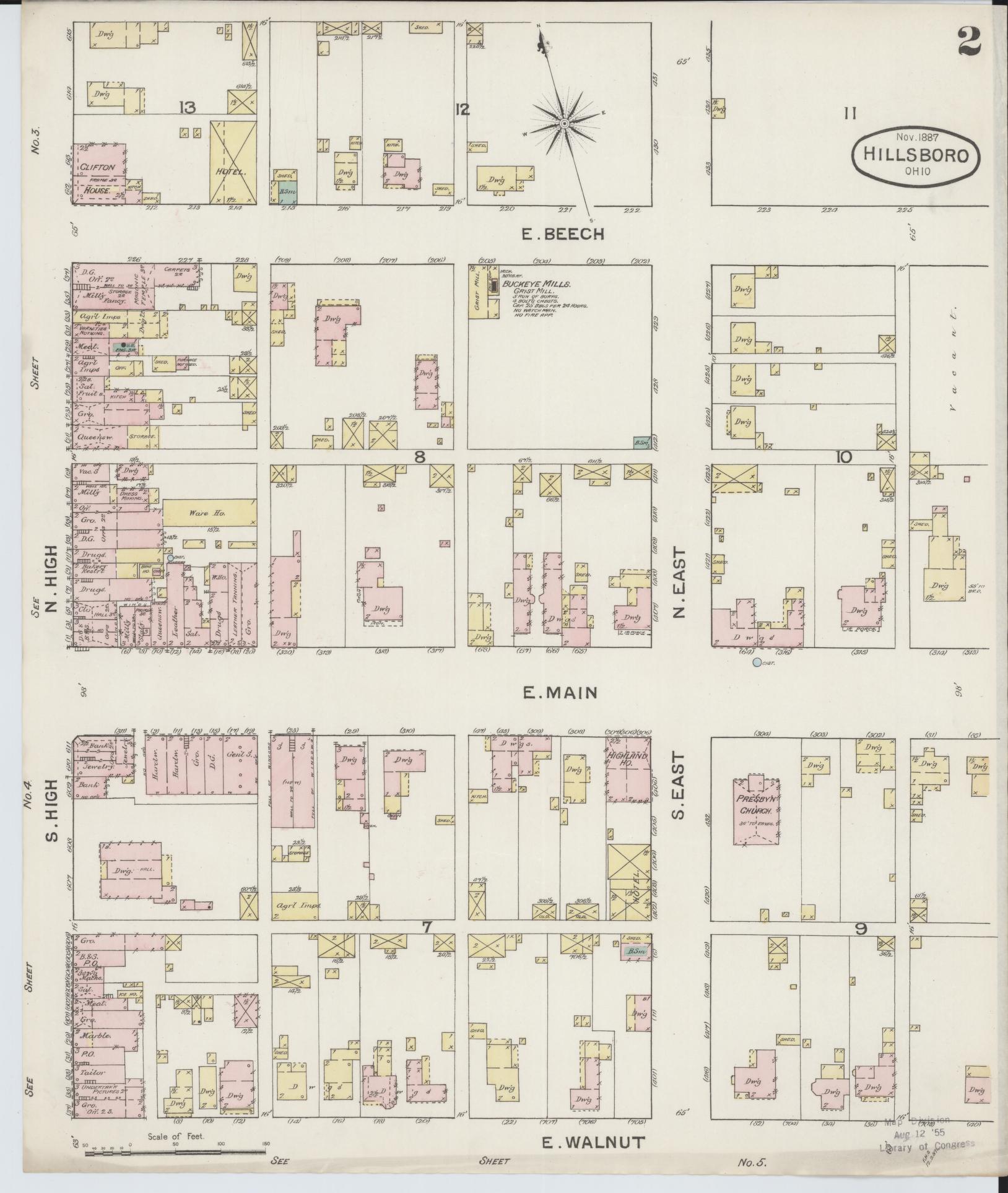 Sanborn Fire Insurance Map from Hillsboro, Highland County, Ohio (1887), Sheet #0002 - Complete Map Set gallery image, historic Sanborn map, vintage wall art, Ohio Ohio
