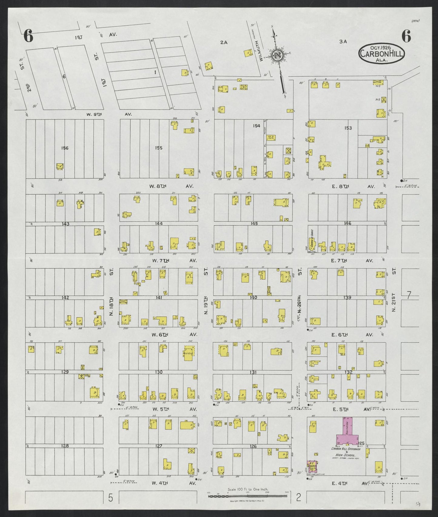 Sanborn Fire Insurance Map from Carbon Hill, Valher County, Alabama (1926), Sheet #0006 - Complete Map Set gallery image, historic Sanborn map, vintage wall art, Alabama Alabama