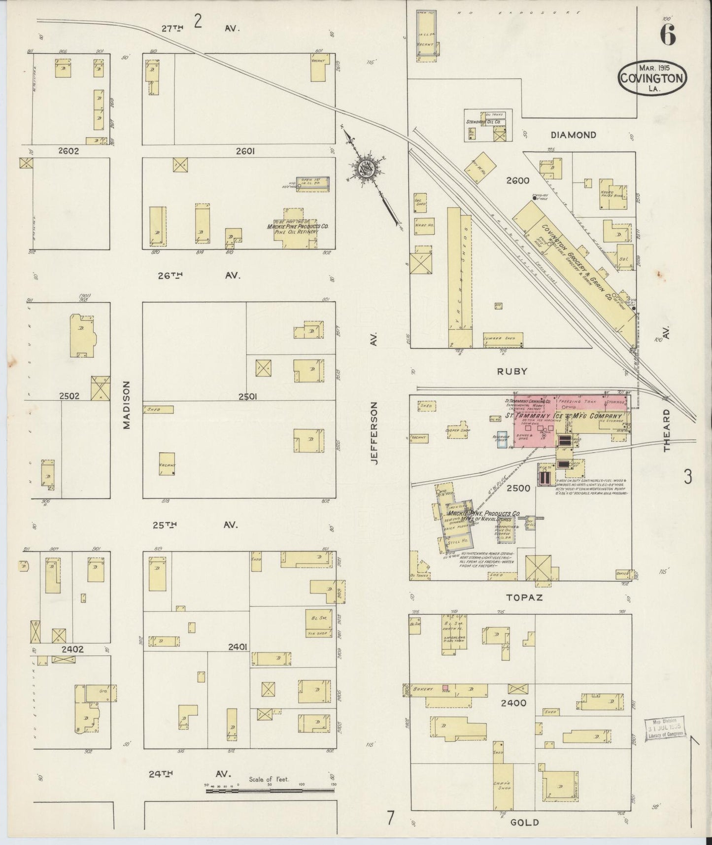 Sanborn Fire Insurance Map from Covington, Saint Tammany Parish, Louisiana (1915), Sheet #0006 - Complete Map Set gallery image, historic Sanborn map, vintage wall art, Louisiana Louisiana