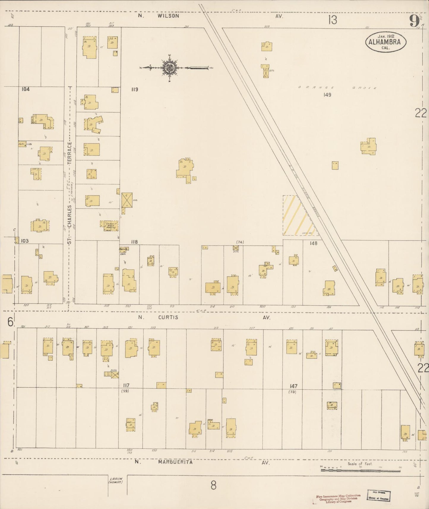 Sanborn Fire Insurance Map from Alhambra, Los Angeles County, California (1912), Sheet #0009 - Historic Sanborn Fire Insurance Map Print, vintage old map wall art, antique decor, genealogy gift, California California map