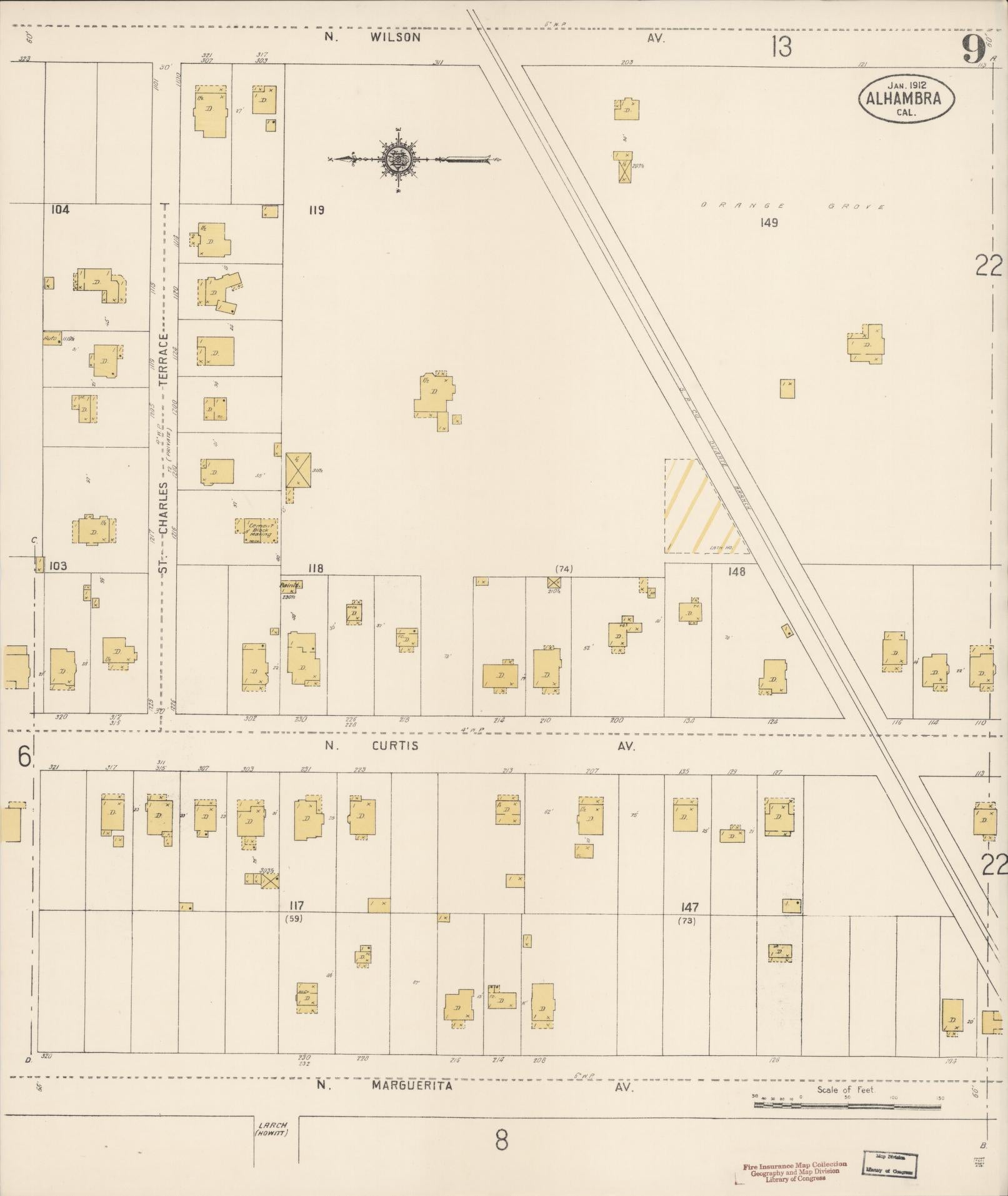 Sanborn Fire Insurance Map from Alhambra, Los Angeles County, California (1912), Sheet #0009 - Historic Sanborn Fire Insurance Map Print, vintage old map wall art, antique decor, genealogy gift, California California map