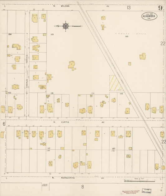Sanborn Fire Insurance Map from Alhambra, Los Angeles County, California (1912), Sheet #0009 - Historic Sanborn Fire Insurance Map Print, vintage old map wall art, antique decor, genealogy gift, California California map