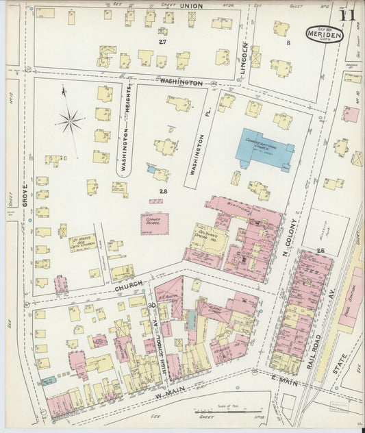Sanborn Fire Insurance Map from Meriden, New Haven County, Connecticut (1891), Sheet #0011 - Historic Sanborn Fire Insurance Map Print, vintage old map wall art, antique decor, genealogy gift, Connecticut Connecticut map