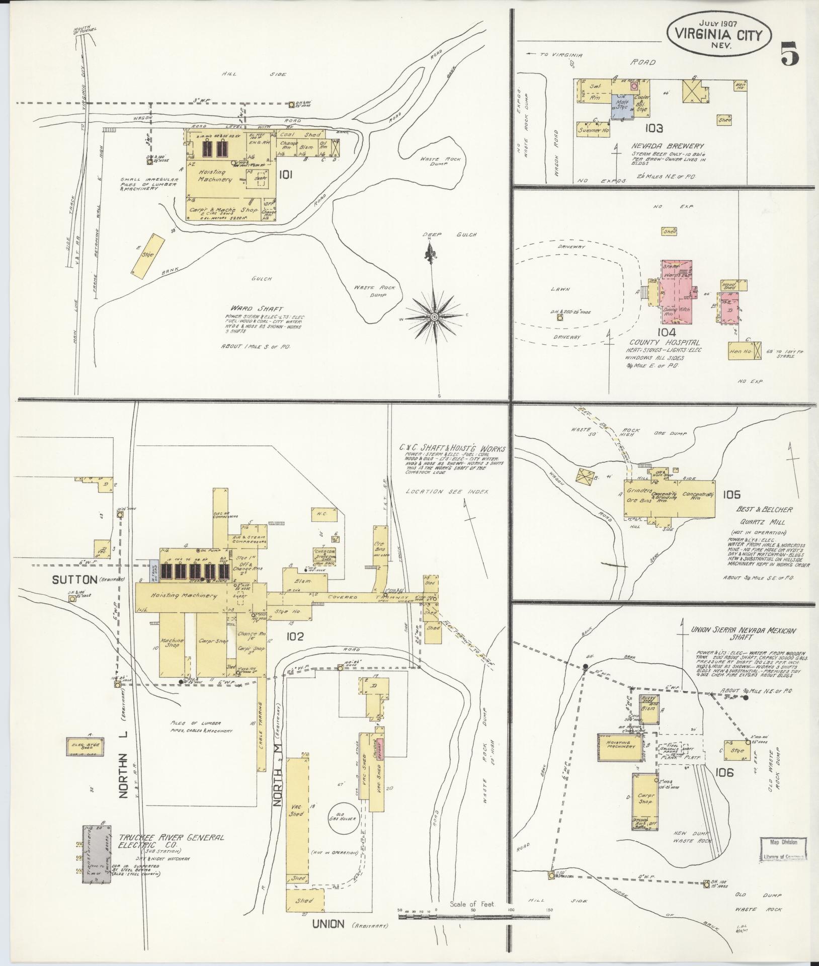 Sanborn Fire Insurance Map from Virginia City, Storey County, Nevada (1907), Sheet #0005 - Historic Sanborn Fire Insurance Map Print, vintage old map wall art, antique decor, genealogy gift, Nevada Nevada map