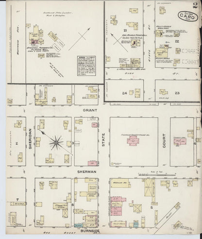 Sanborn Fire Insurance Map from Caro, Tuscola County, Michigan (1884), Sheet #0002 - Historic Sanborn Fire Insurance Map Print, vintage old map wall art, antique decor, genealogy gift, Michigan Michigan map