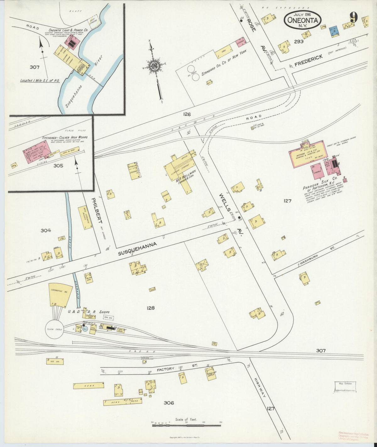 Sanborn Fire Insurance Map from Oneonta, Otsego County, New York (1916), Sheet #0009 - Historic Sanborn Fire Insurance Map Print, vintage old map wall art, antique decor, genealogy gift, New York New York map