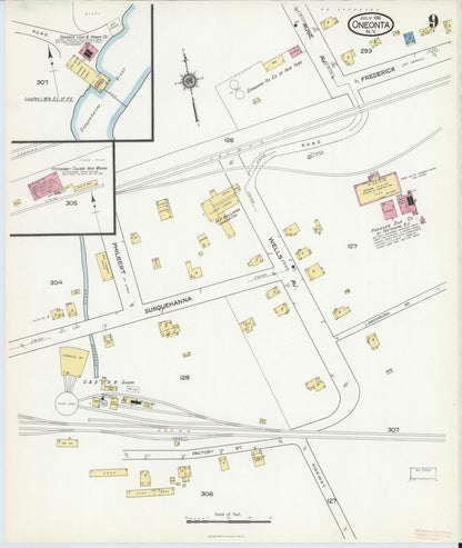 Sanborn Fire Insurance Map from Oneonta, Otsego County, New York (1916), Sheet #0009 - Historic Sanborn Fire Insurance Map Print, vintage old map wall art, antique decor, genealogy gift, New York New York map