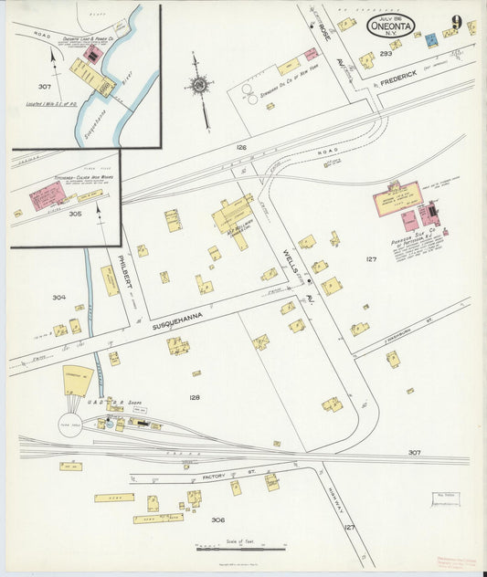 Sanborn Fire Insurance Map from Oneonta, Otsego County, New York (1916), Sheet #0009 - Historic Sanborn Fire Insurance Map Print, vintage old map wall art, antique decor, genealogy gift, New York New York map
