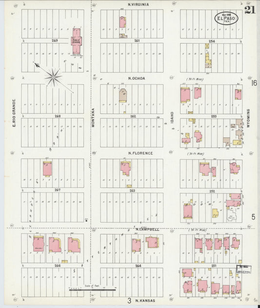 Sanborn Fire Insurance Map from El Paso, El Paso County, Texas (1898), Sheet #0021 - Historic Sanborn Fire Insurance Map Print, vintage old map wall art, antique decor, genealogy gift, Texas Texas map