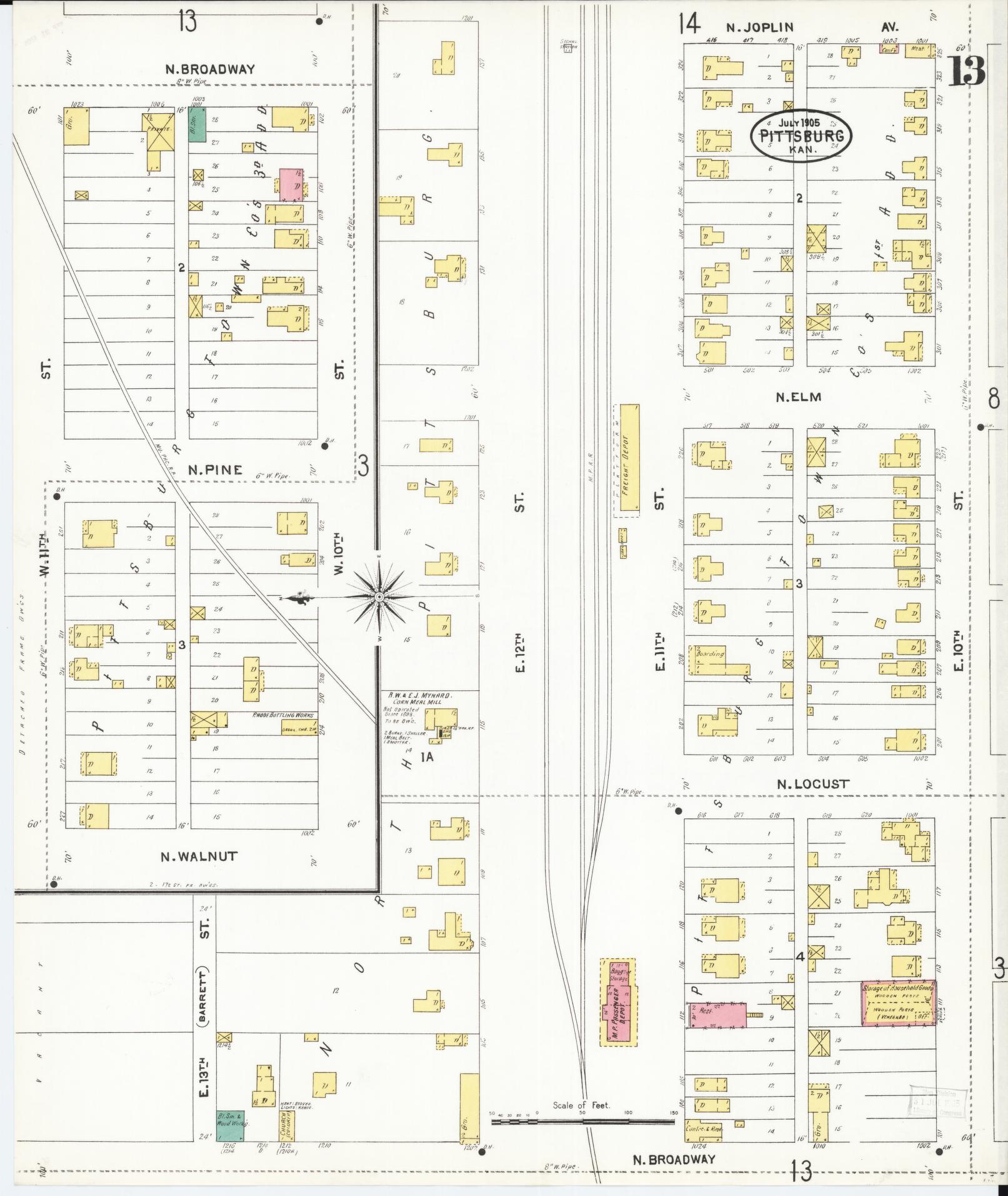 Sanborn Fire Insurance Map from Pittsburg, Crawford County, Kansas (1905), Sheet #0013 - Complete Map Set gallery image, historic Sanborn map, vintage wall art, Kansas Kansas
