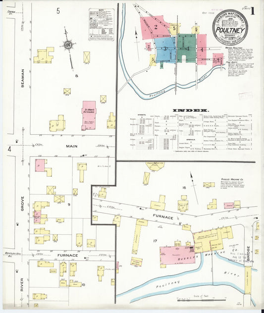 Sanborn Fire Insurance Map from Poultney, Rutland County, Vermont (1909), Sheet #0001 - Historic Sanborn Fire Insurance Map Print, vintage old map wall art, antique decor, genealogy gift, Vermont Vermont map