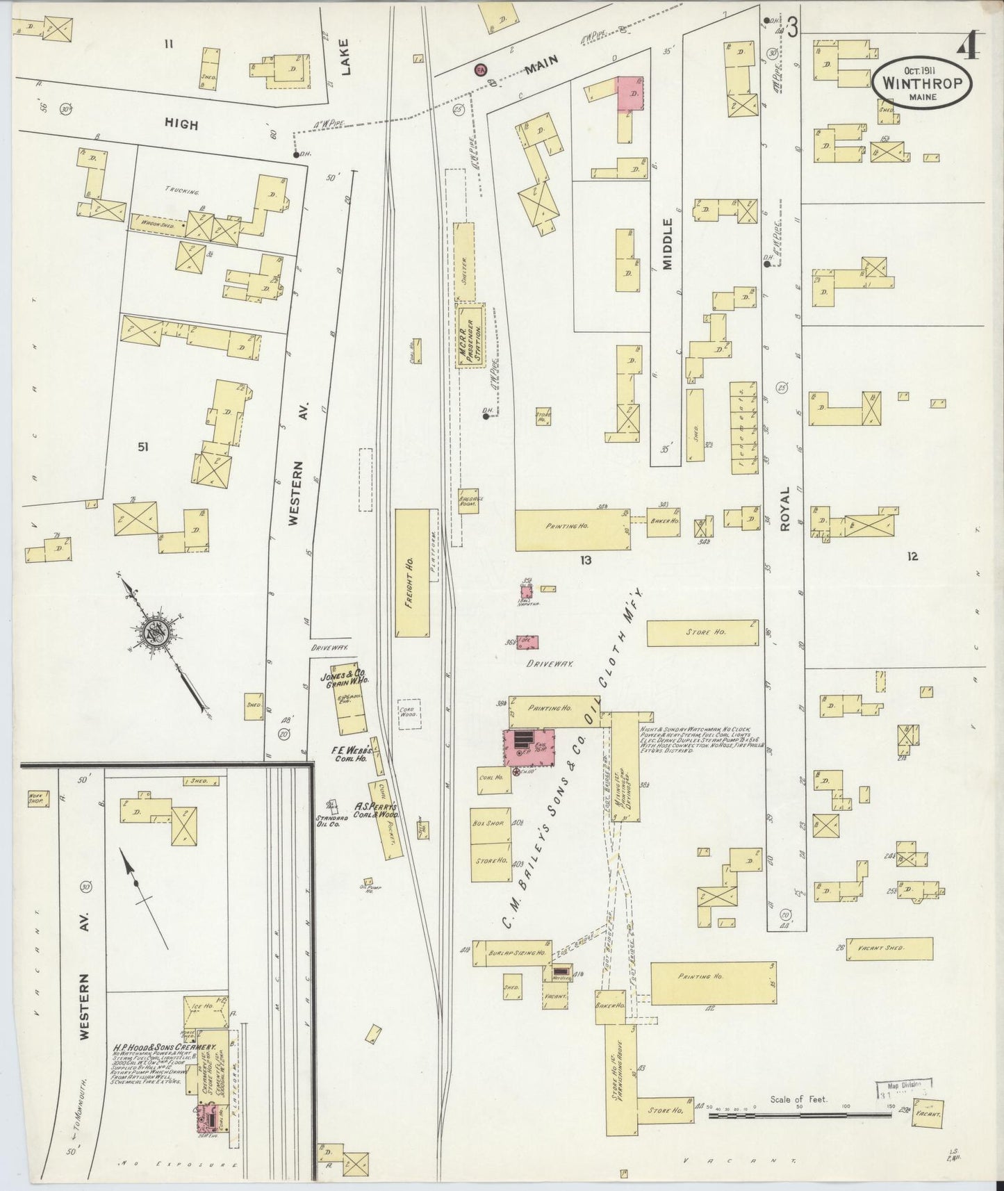 Sanborn Fire Insurance Map from Winthrop, Kennebec County, Maine (1911), Sheet #0004 - Complete Map Set gallery image, historic Sanborn map, vintage wall art, Maine Maine
