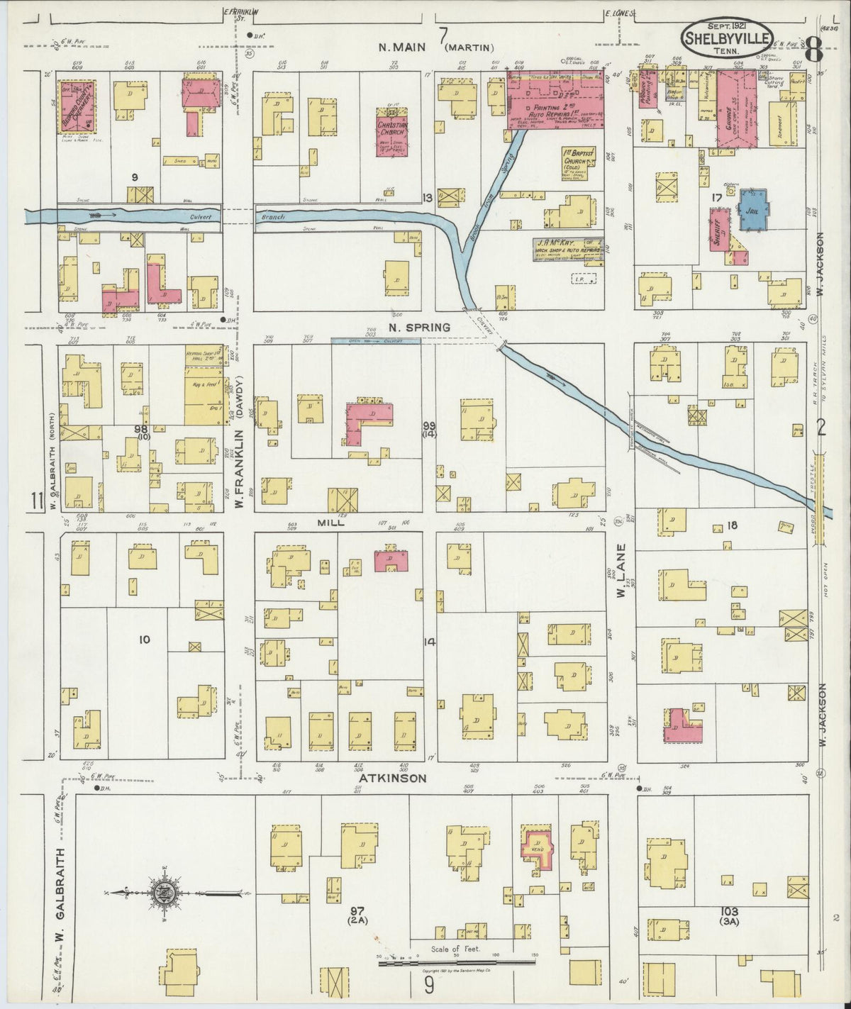 Sanborn Fire Insurance Map from Shelbyville, Bedford County, Tennessee (1921), Sheet #0008 - Complete Map Set gallery image, historic Sanborn map, vintage wall art, Tennessee Tennessee