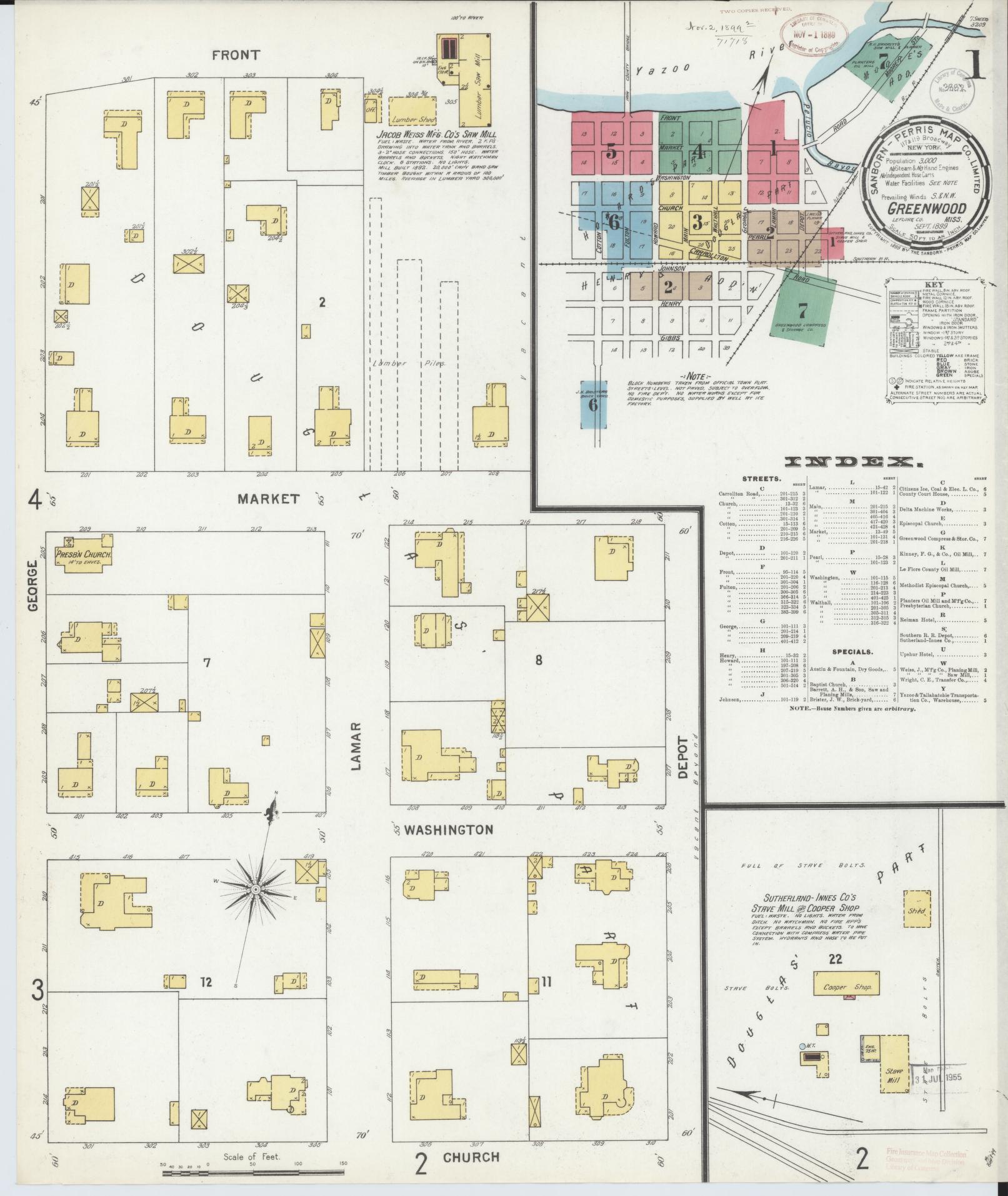 Sanborn Fire Insurance Map from Greenwood, Leflore County, Mississippi (1899), Sheet #0001 - Historic Sanborn Fire Insurance Map Print, vintage old map wall art, antique decor, genealogy gift, Mississippi Mississippi map
