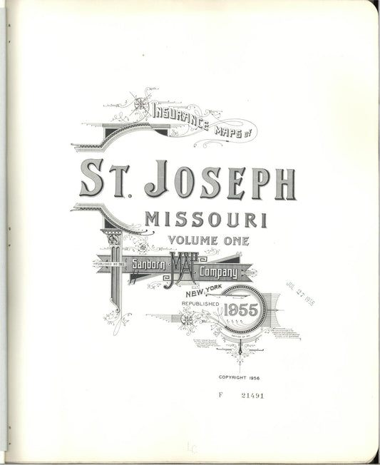 Sanborn Fire Insurance Map from Saint Joseph, Buchanan County, Missouri (1955), Sheet #0001 - Historic Sanborn Fire Insurance Map Print, vintage old map wall art, antique decor, genealogy gift, Missouri Missouri map