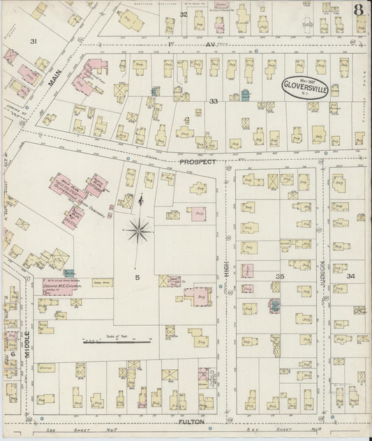 Sanborn Fire Insurance Map from Gloversville, Fulton County, New York (1887), Sheet #0008 - Historic Sanborn Fire Insurance Map Print, vintage old map wall art, antique decor, genealogy gift, New York New York map