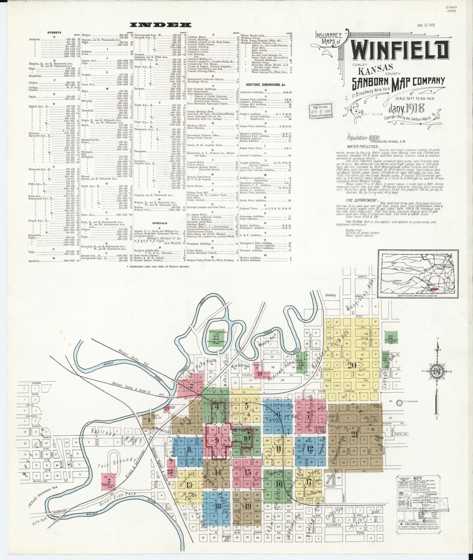 Sanborn Fire Insurance Map from Winfield, Cowley County, Kansas (1918), Sheet #0001 - Historic Sanborn Fire Insurance Map Print, vintage old map wall art, antique decor, genealogy gift, Kansas Kansas map