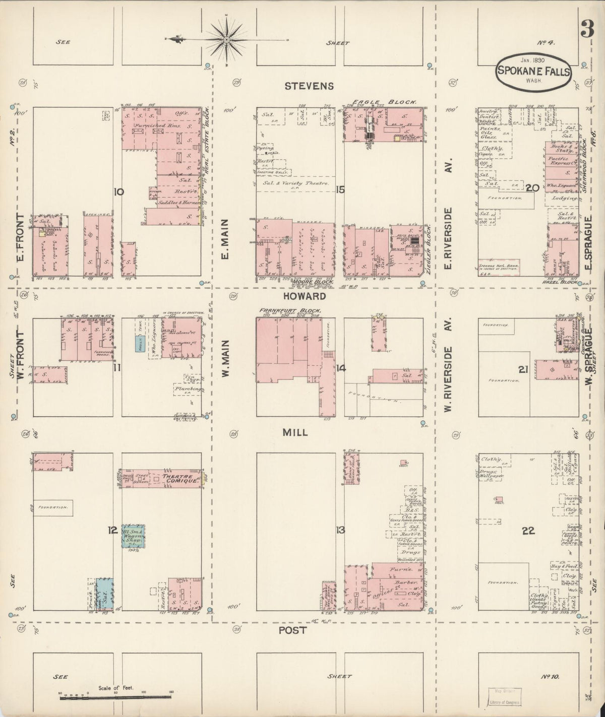 Sanborn Fire Insurance Map from Spokane, Spokane County, Washington (1890), Sheet #0003 - Historic Sanborn Fire Insurance Map Print, vintage old map wall art, antique decor, genealogy gift, Washington Washington map