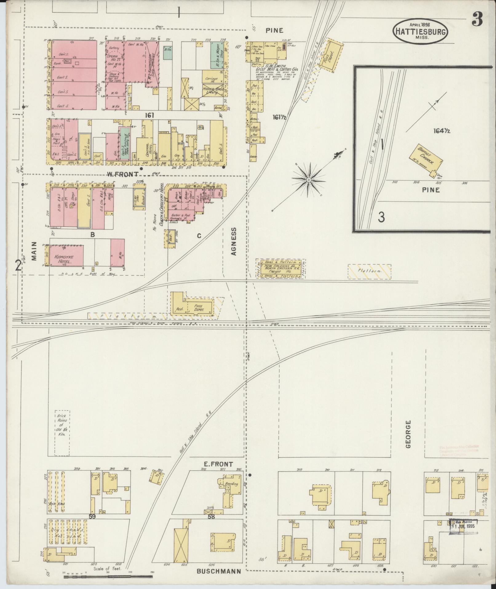 Sanborn Fire Insurance Map from Hattiesburg, Forrest County, Mississippi (1898), Sheet #0003 - Complete Map Set gallery image, historic Sanborn map, vintage wall art, Mississippi Mississippi