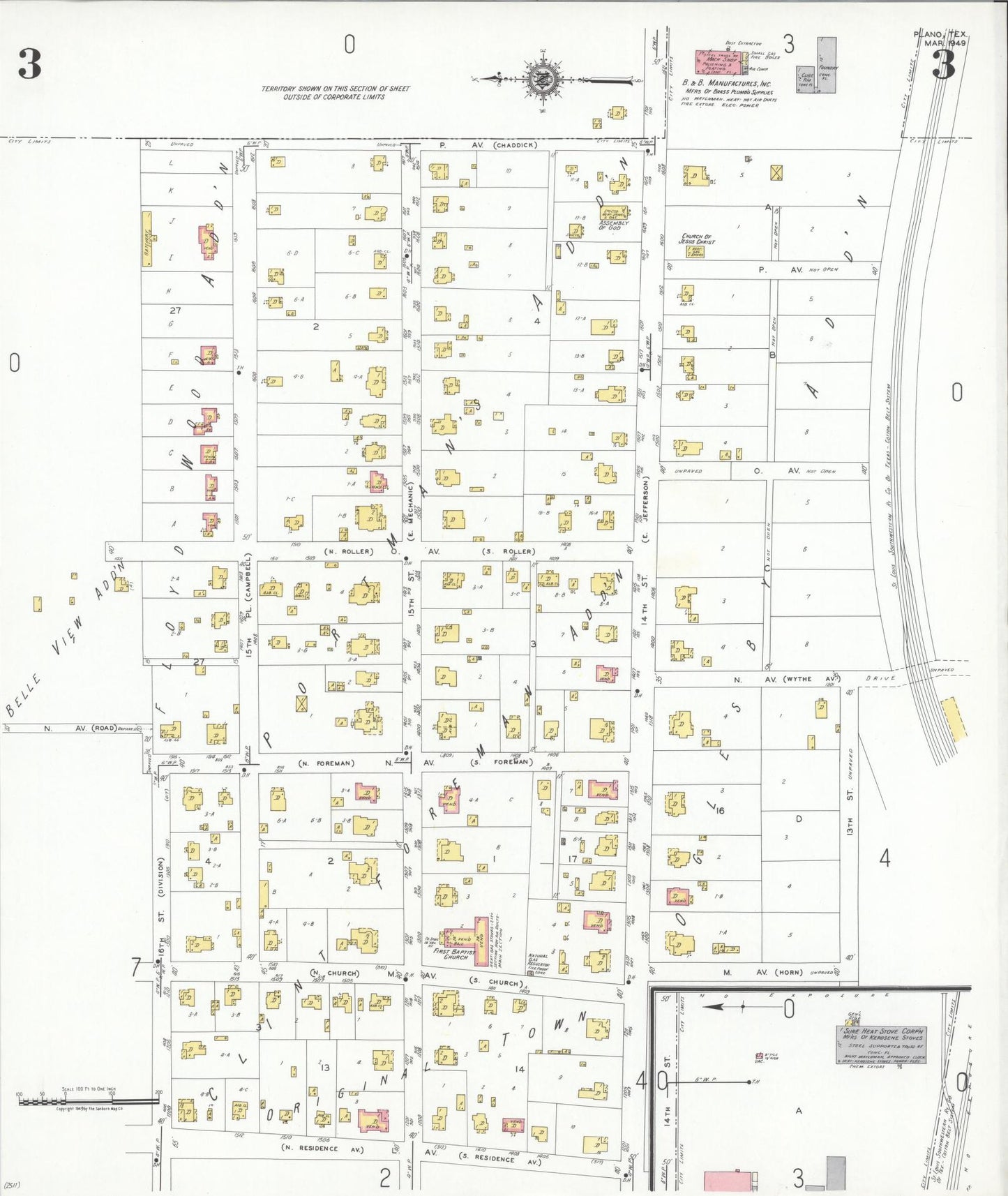 Sanborn Fire Insurance Map from Plano, Collin County, Texas (1949), Sheet #0003 - Historic Sanborn Fire Insurance Map Print, vintage old map wall art, antique decor, genealogy gift, Texas Texas map
