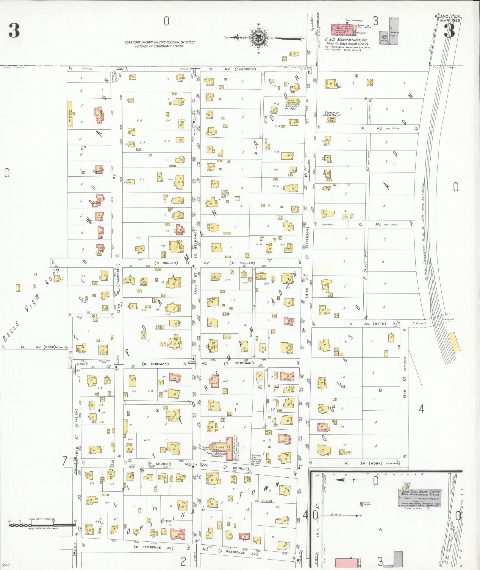 Sanborn Fire Insurance Map from Plano, Collin County, Texas (1949), Sheet #0003 - Historic Sanborn Fire Insurance Map Print, vintage old map wall art, antique decor, genealogy gift, Texas Texas map